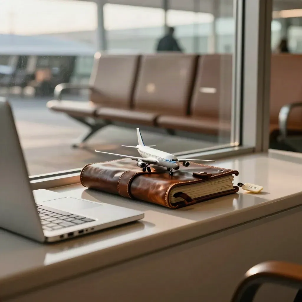 Airport lounge window still life with laptop, leather folio, aircraft model and seat token.