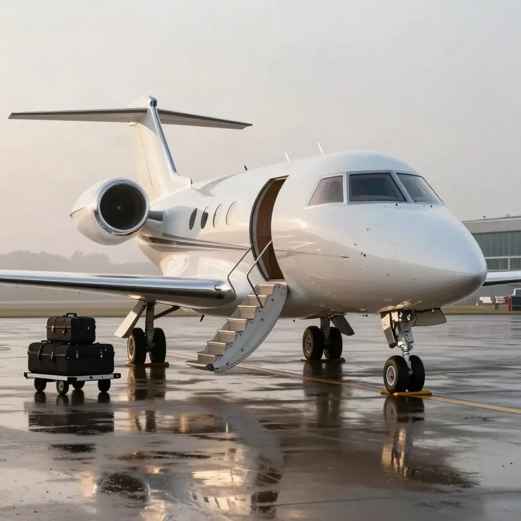 Private jet on a wet apron with airstairs and baggage trolley beside a quiet terminal