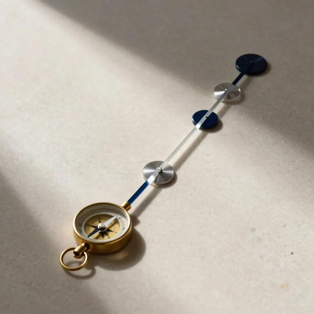 Brass compass and route markers arranged into a precise diagonal plan on pale stone.
