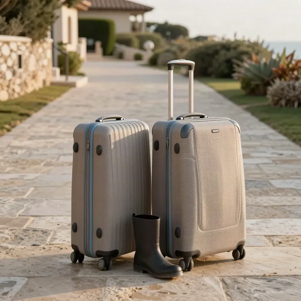 Two compact suitcases by an open boot on a sunlit coastal villa driveway.
