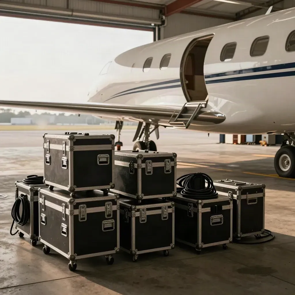 Lit hangar bay with charter jet nose and stacked film gear cases, haze and tungsten spill