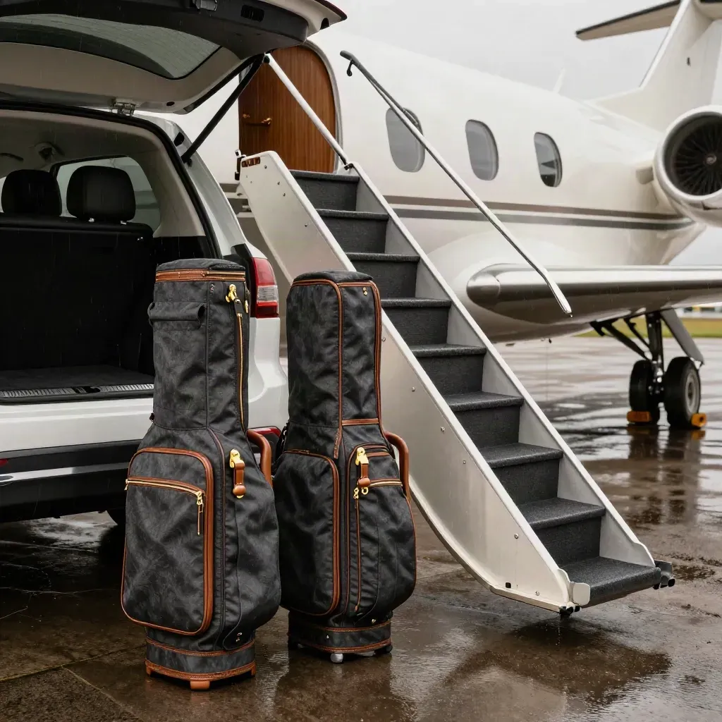 Golf travel cases by an open sedan boot and jet stairs on a wet apron.