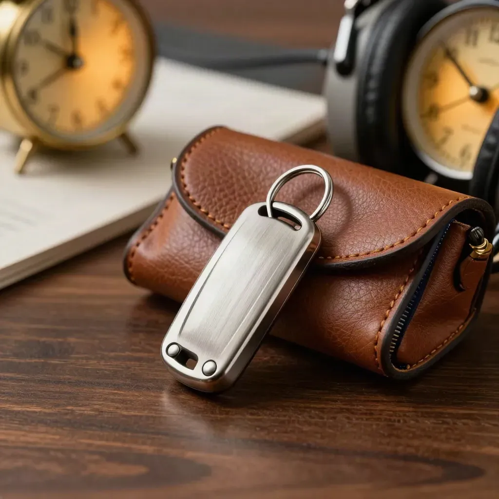 Brass clock, aircraft key fob, leather pouch and headset on dark walnut surface