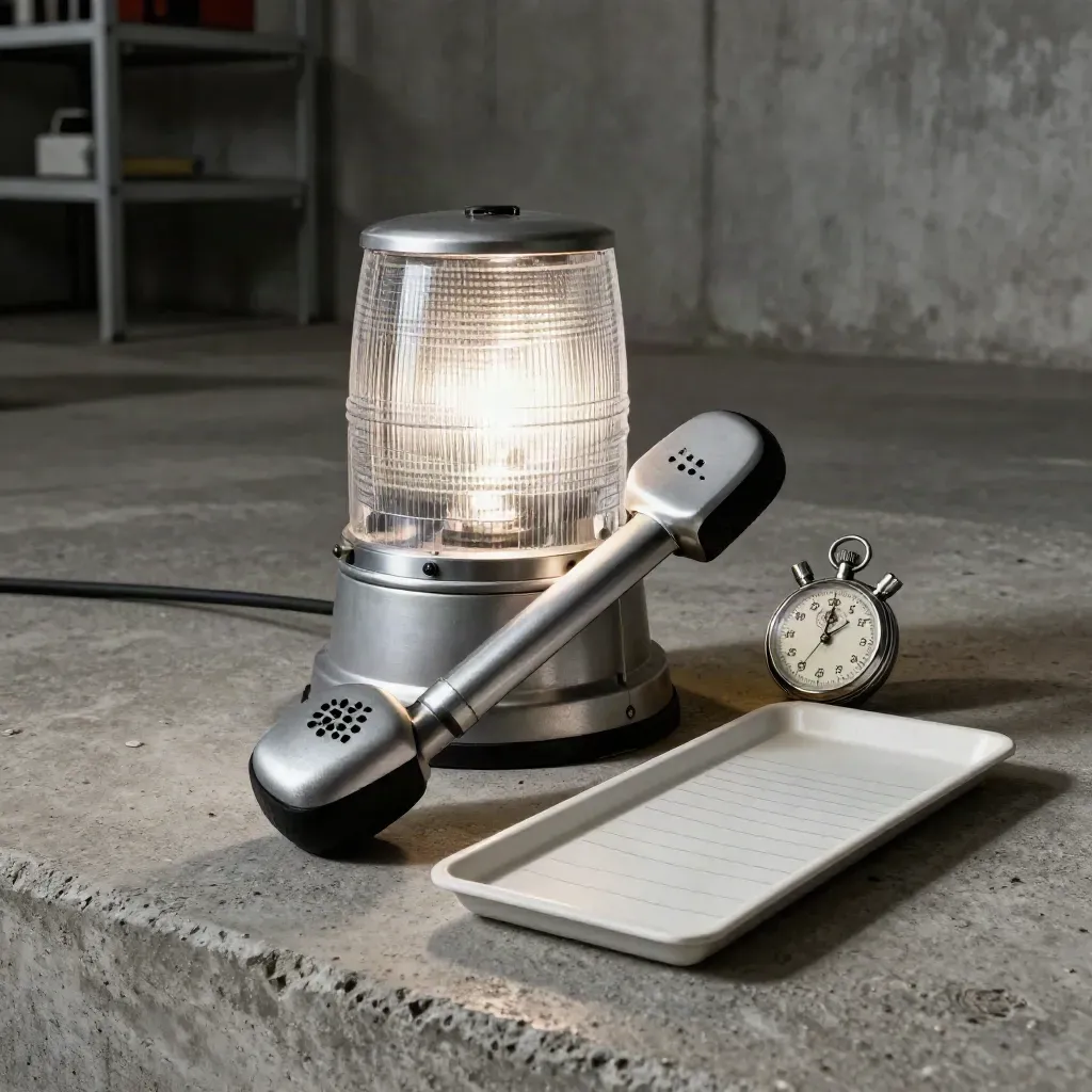 Runway beacon, radio handset, stopwatch and flight-strip tray on concrete in moody airport light