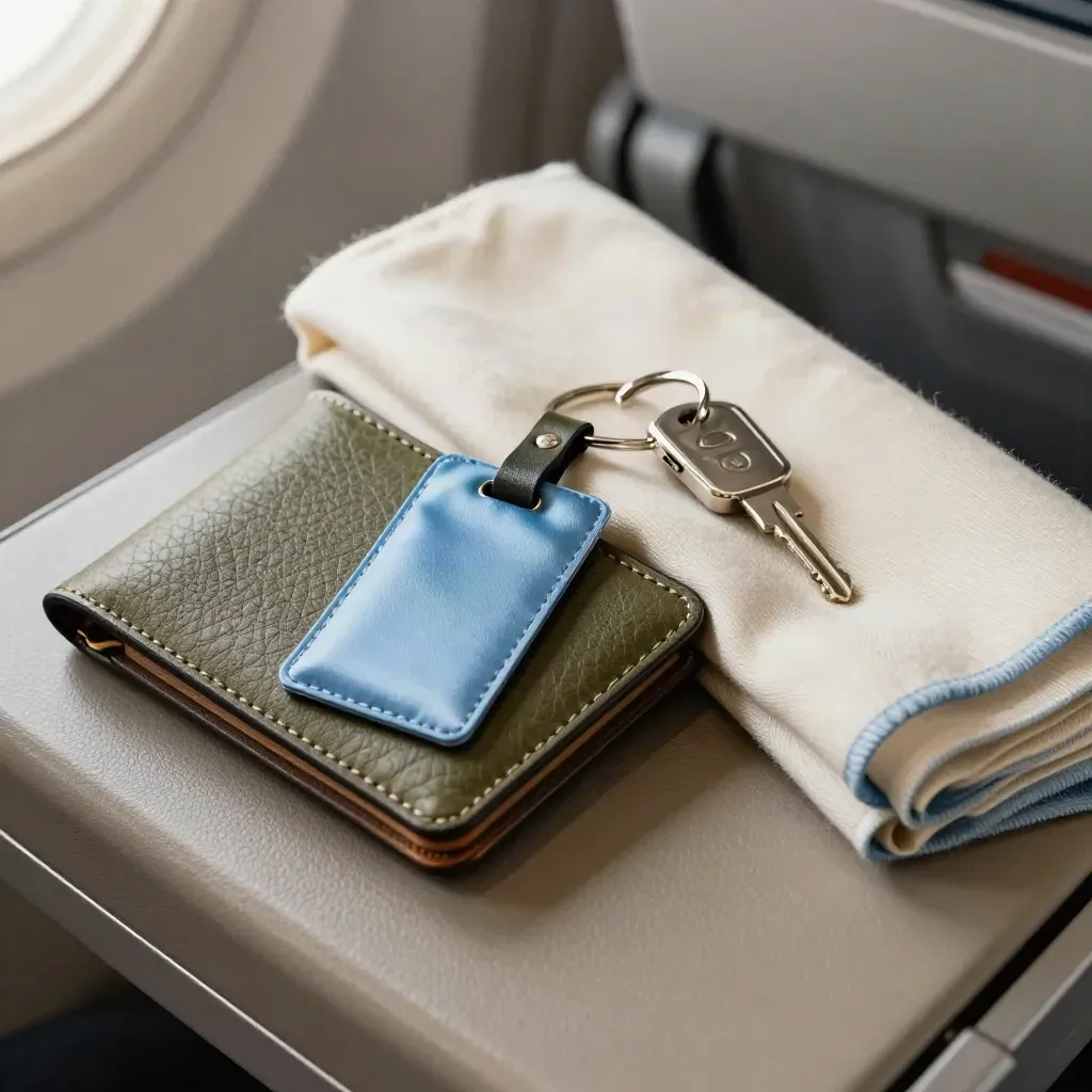 Leather wallet, blank luggage tag, key fob and cashmere scarf in a premium travel closeup.