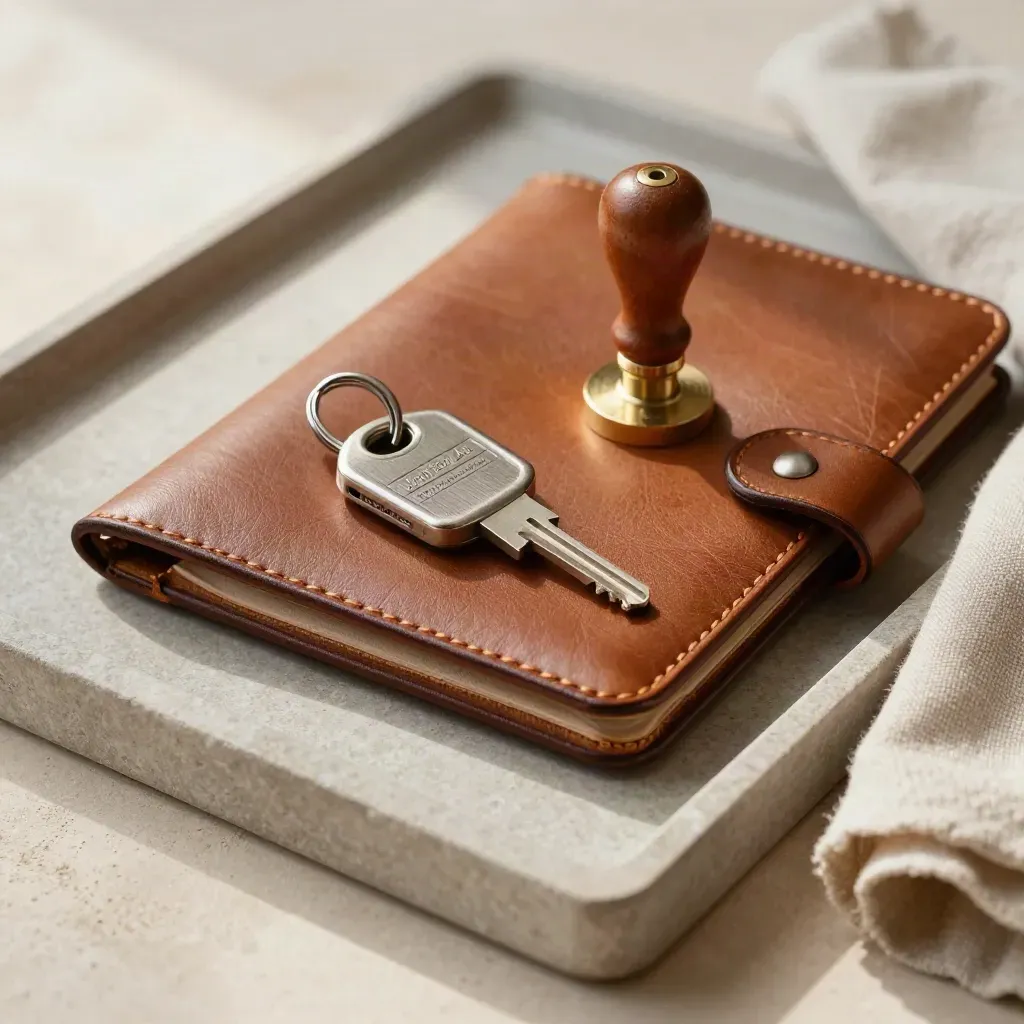 Leather folio, key fob, wax seal stamp and cabin latch on a stone tray