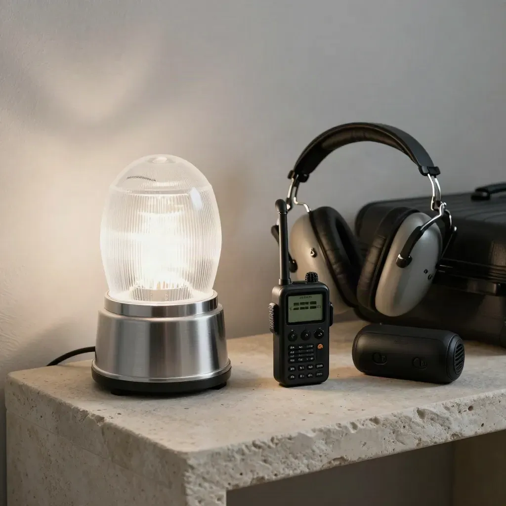 Beacon lamp, headset, radio, and luggage tracker on a stone console.