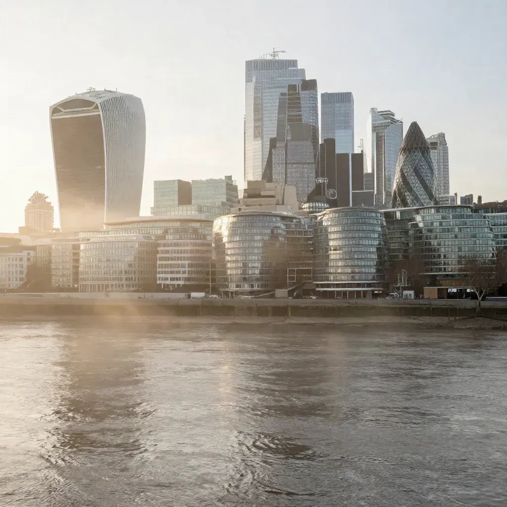 City of London skyline rising through dawn mist above the pale Thames embankments and calm river.