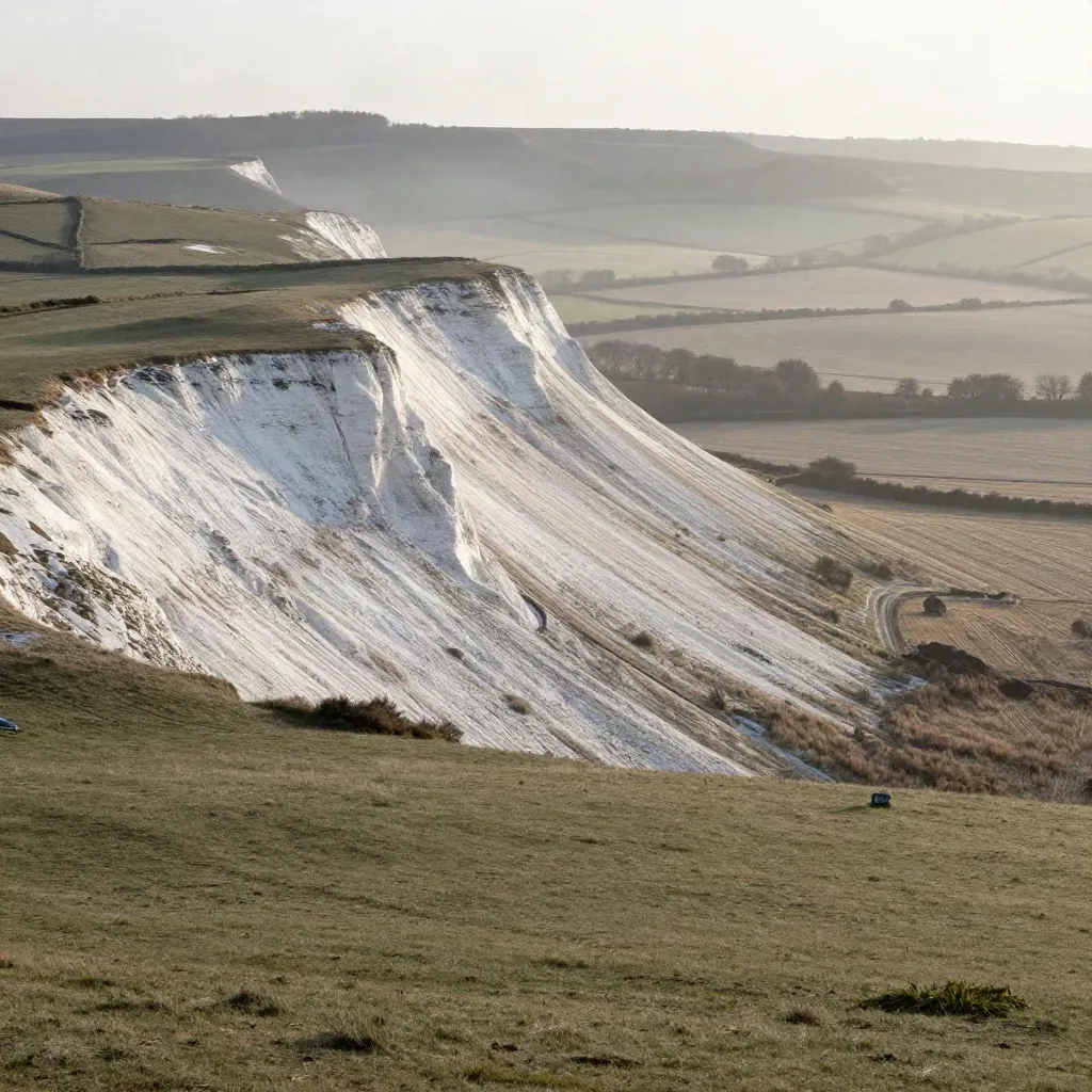 South Downs chalk ridge above misty patchwork fields at first light