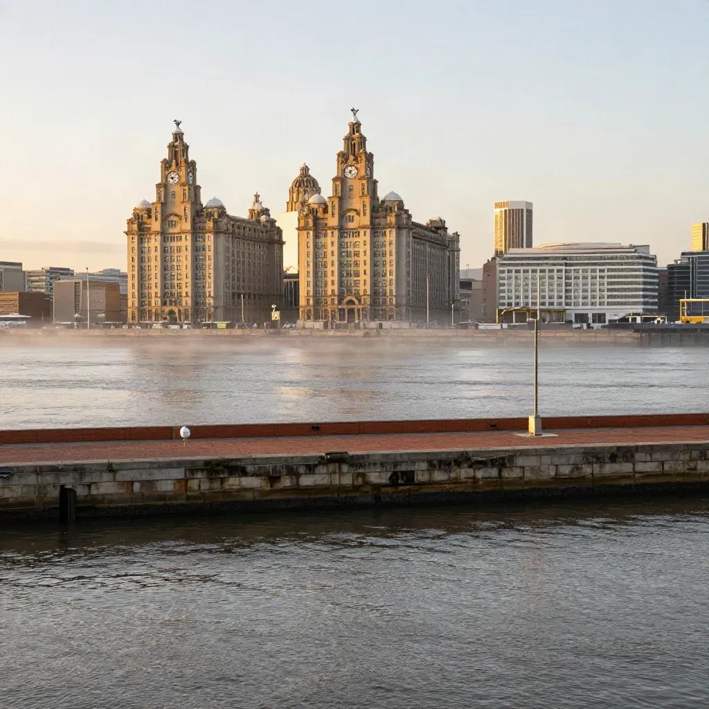 Liverpool waterfront at sunset with the Three Graces above a calm, misty Mersey.